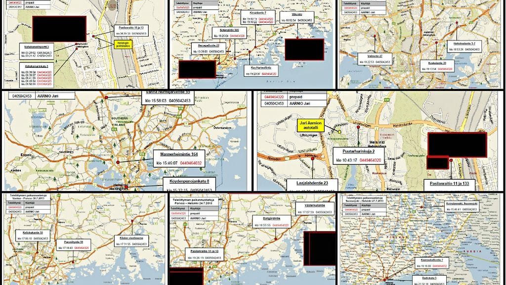 Syyttäjät esittivät oikeussalissa lukuisia eri karttapaikannuksia Aarnion ja Pasilan miehen puhelinten liikkeiden yhtäläisyyksistä. Kuvassa osa kartoista.