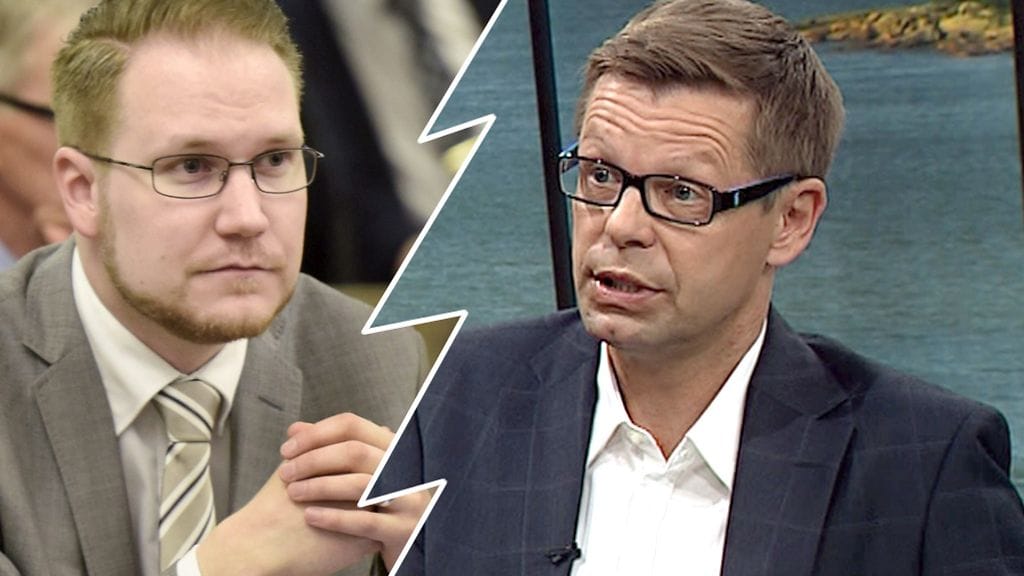 Kimmo Grönlund (oikealla) kritisoi perussuomalaisten Olli Immosen (vasemmalla) julkaisemaa tekstiä kovin sanoin.