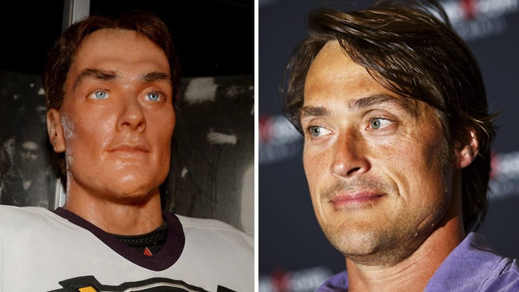 Kiekkolegenda Teemu Selännettä kuvaava vahanukke Visulahden vahakabinetissakesällä 2015 ja Selänne itse kuvattuna vuonna 2013.