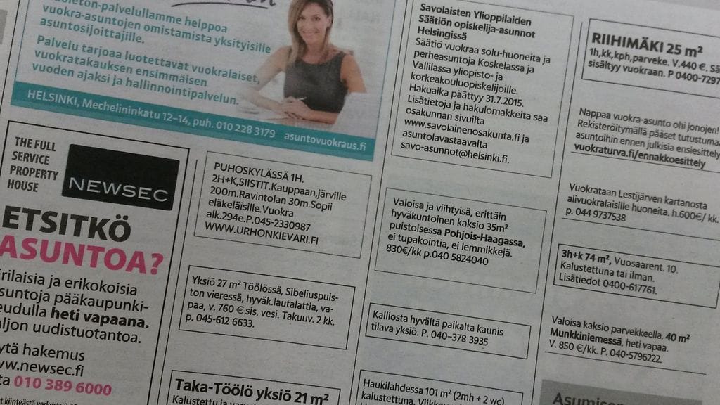 Vuokra-asuntoilmoituksia Helsingin Sanomissa.