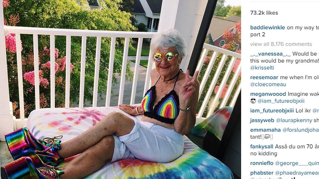 Tämä isoäiti ei muiden mielipiteistä paljoa välitä. Kuvakaappaus Baddiewinklen Instagram-tililtä.
