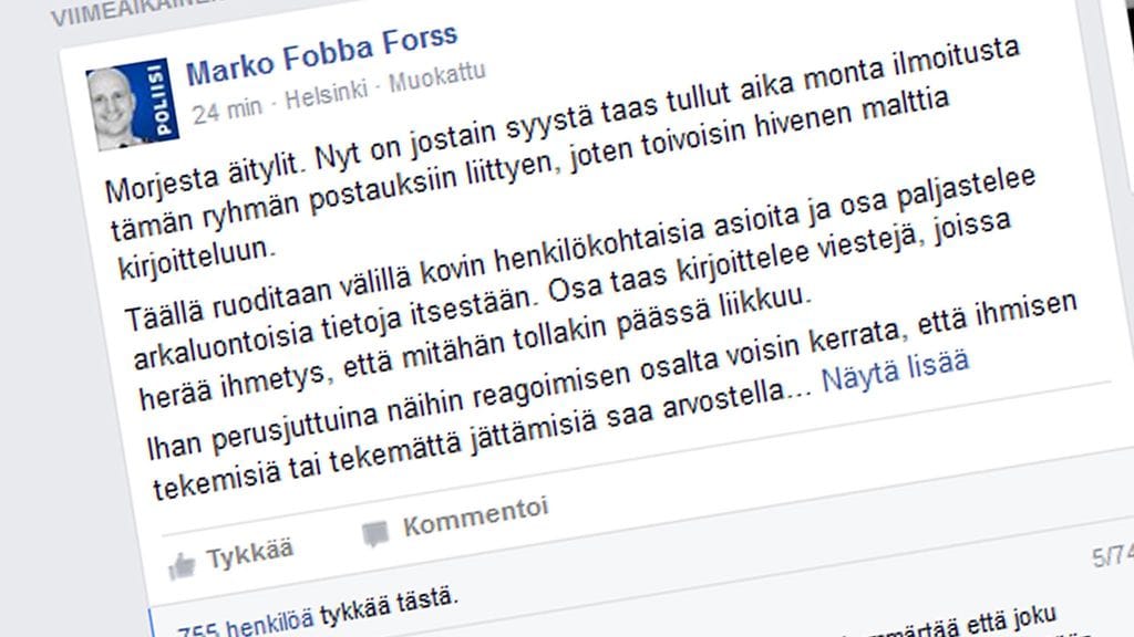 Nettipoliisi Marko "Fobba" Forss pyysi Äitylit-Facebook-ryhmään kirjoittamassaan tekstissä malttia keskustelijoilta.