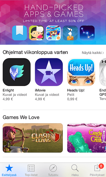 App Storen etusivulta näet suosituimmat ohjelmat.