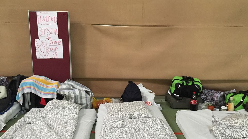 Turvapaikanhakijoiden majoitusta Evitskogin vastaanottokeskuksessa Kirkkonummella elokuussa 2015.