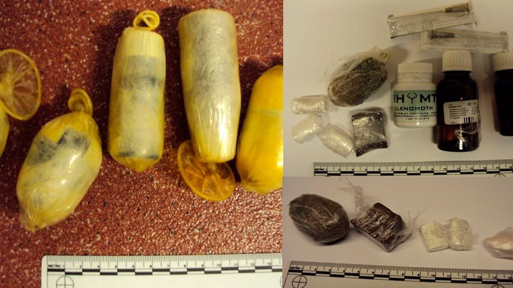 Poistumisluvalta palaava vangilta löydettiin mittava määrä arsenaali kiellettyjä aineita. Vanki määrättiin eristämistarkkailuun salakuljetusepäilyn vuoksi, ja kolmen päivän aikana kehon sisältä ilmestyi viisi pakettia. Paketeistä löytyi kolme injektioruiskun neulaa, 20 ml Sustanon 250 -hormonia, 10 ml tuntematonta nestettä (ilmeisesti hormonia), 100 Clenomoth-anabolitablettia, 8,5 grammaa marihuanaa, 11,3 grammaa hasista, 10 Subutex-tablettia ja 1,3 grammaa amfetamiinia.