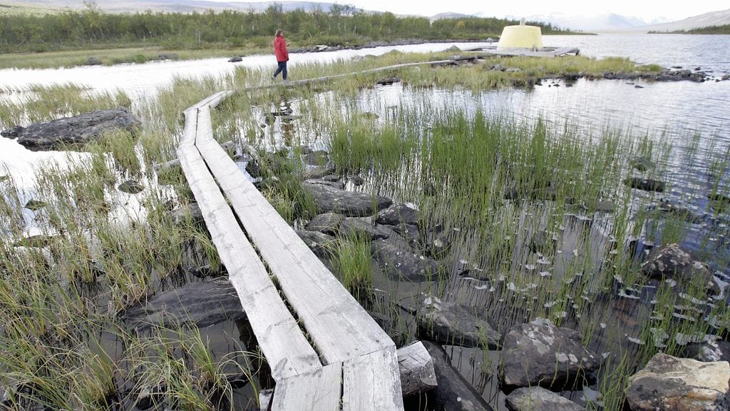 Pitkospuut vievät kolmen valtakunnan rajalle Kilpisjärvellä. Taustalla Saana-tunturi. Kuvituskuva.