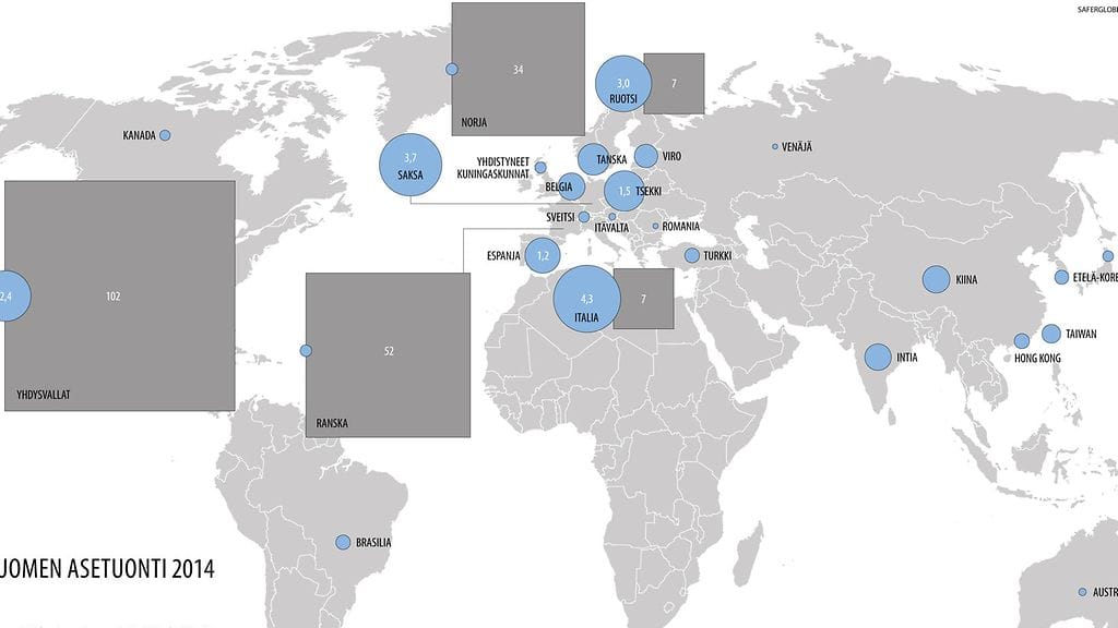 Suomen asetuonti eri maista vuonna 2014. Voit klikata kartan suuremmaksi.