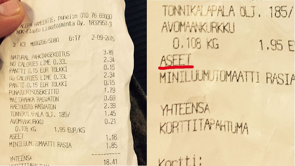 Helsinkiläisen ruokakaupan kassakuitti herättää ihmetystä.