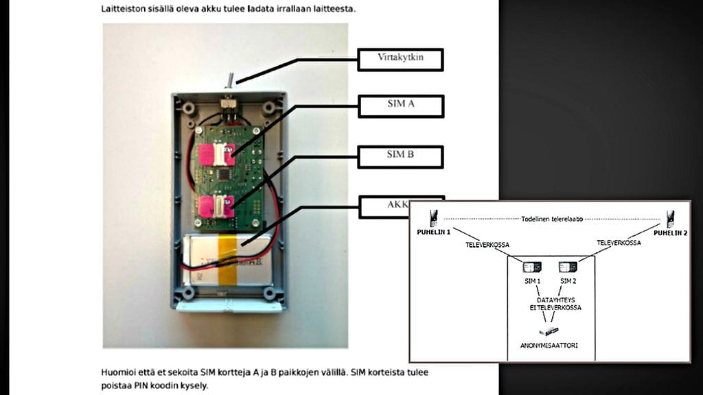Trevoc kehitti anonymisaattori-laitteita, joilla kyettiin häivyttämään soittotietoja. Syyttäjien mukaan Aarnio tarvitsi niitä huumeoperaationsa peittelyyn, puolustuksen mukaan tiedottajatoiminnan suojelemiseen. Kuva on ns. kenttämalli-laitteen käyttöohjeista.