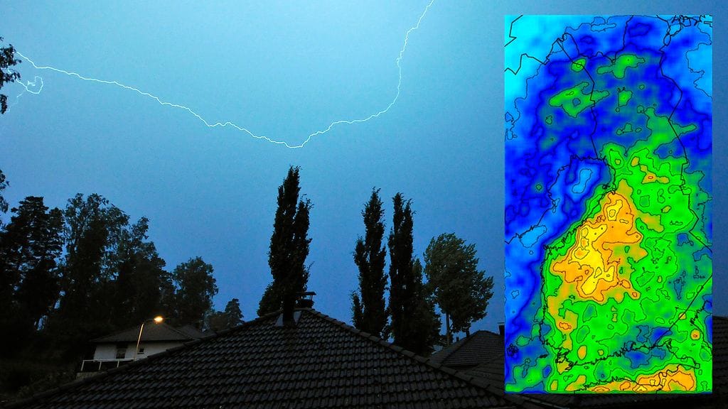 Suomen ukkosherkimmät alueet. Kartan värit perustuvat havaittuihin maasalamoihin vuosilta 2002-2014. Keltaoranssilla värillä erottuvat alueet, missä salamoi eniten, sinisellä ovat alueet, missä salamoi vähiten. Lähde: Ilmatieteen laitos