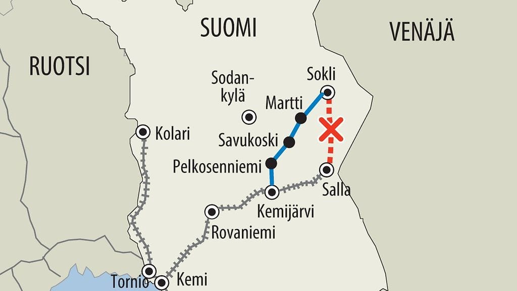 Suunnitellun Soklin kaivoksen sijainti ja tieyhteys.