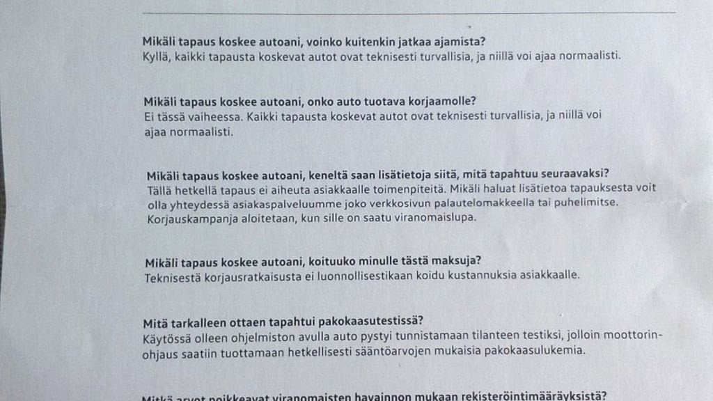 Suomalaisille Volkswagen-omistajille lähetetty kirje, kuvattuna 16. lokakuuta 2015. (1)