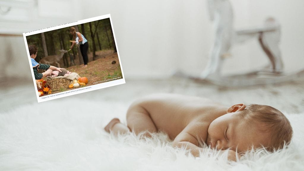 Kuukauden ikäinen vauva sai seurakseen pienen hirven vasan. Kuvituskuva.