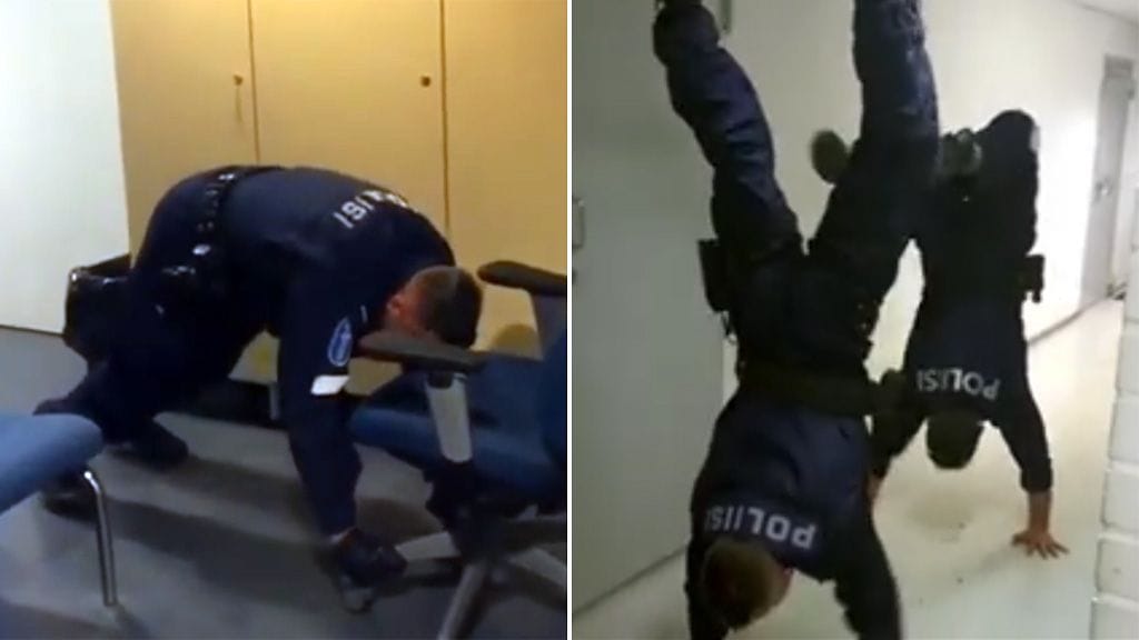 Poliisien taukojumppa ei videoiden perusteella ole siitä helpoimmasta päästä.