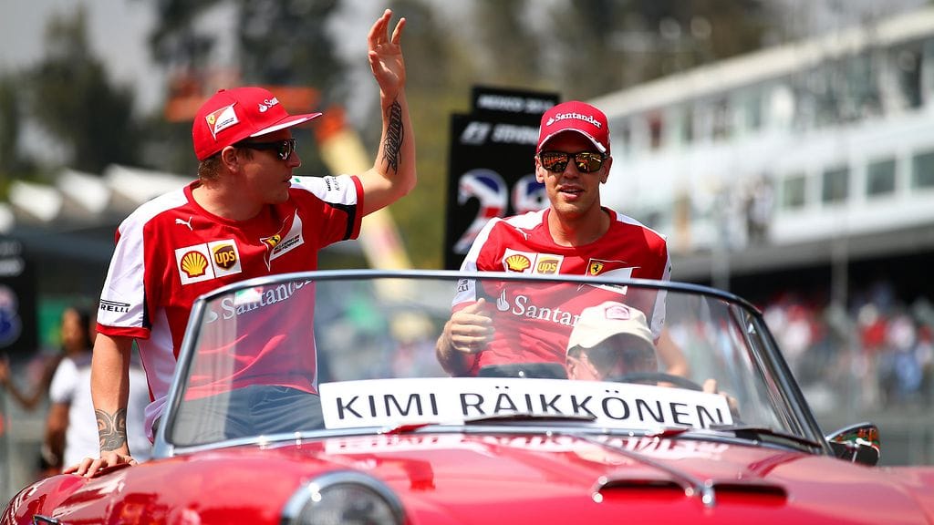 Kimi Räikkönen ja Sebastian Vettel kuljettajien paraatissa Meksikossa viikko sitten.