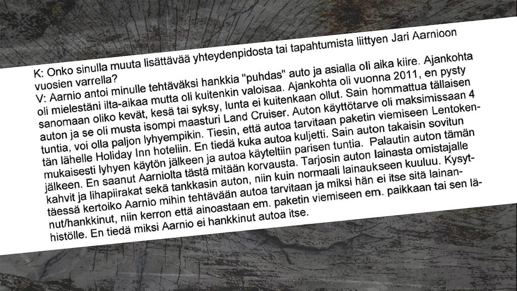 Syyttäjät toivat saliin krp:n poliisimiehiä kertomaan miten Keijo Vilhusen kuulustelukertomukset (katkelma kuvassa) olivat syntyneet.