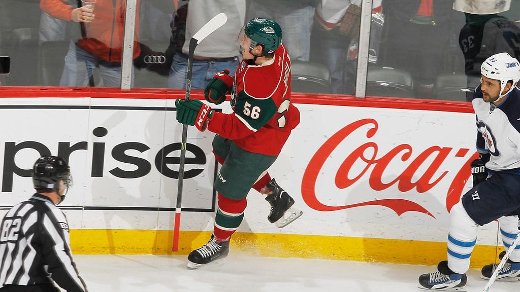 Erik Haula iski kauden toisen osumansa alivoimalla Jetsin verkkoon,.