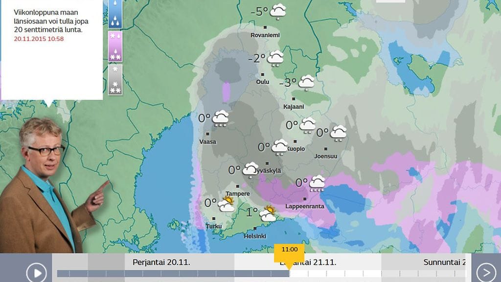 MTV:n sääsivuston sadetutka näyttää sateen ennustetun olomuodon.