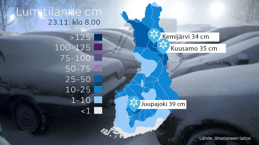 Lumitilanne 23. marraskuuta 2015. Virallinen ensilumi satoi viikonloppuna laajoilla alueilla.