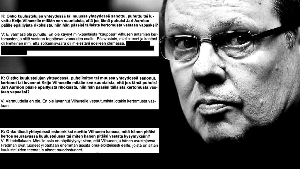 Krp:n poliisit kiistivät kuulusteluissa, että UB-pomo Keijo Vilhusen kanssa olisi käyty kauppaa Aarniosta. Ensimmäistä vastauksesta tutkinta salasi osan.