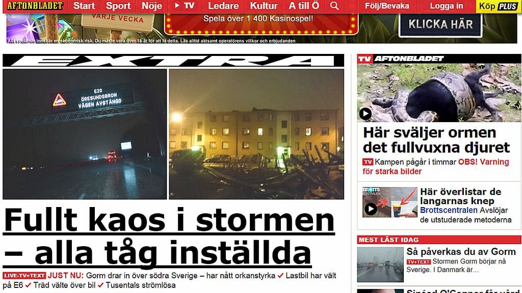 Kuvakaappaus Aftonbladetin sivuilta noin klo 1.