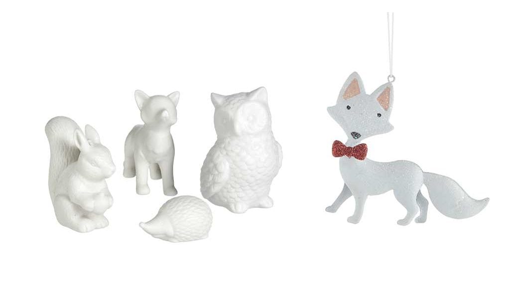It's about Romin valkoiset eläinfiguurit ja Casa Stockmannin suloinen kettukoriste edustavat epäperinteisempää joulukoristelua. Kuvat: Stockmann