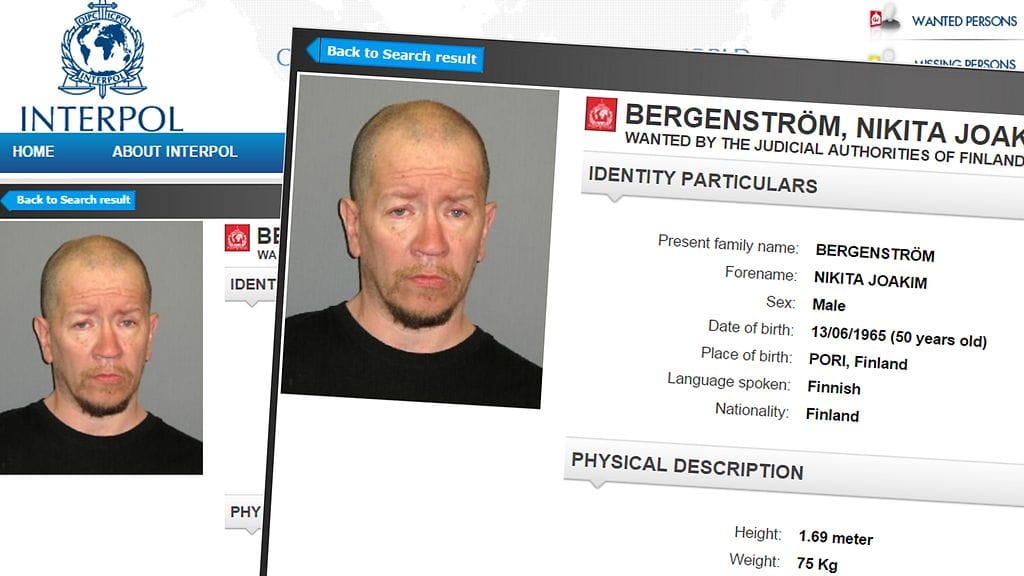 Bergenströmistä on tehty kansainvälinen etsintäkuulutus, joka on julkaistu Interpolin sivuilla.