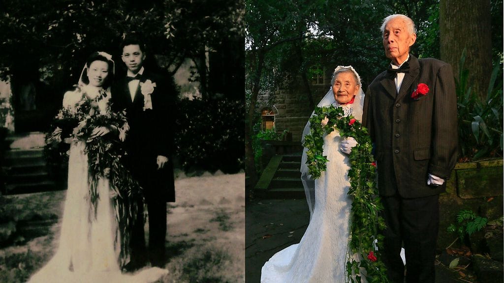 Wang Deyi (vas.) ja Cao Yuehua häissään vuonna 1945 ja samassa paikassa vuonna 2015.