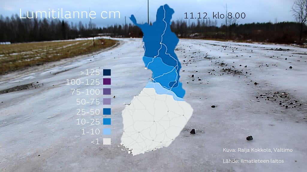 Lumitilanne 11. joulukuuta 2015. Lunta on lähinnä pohjoisessa.