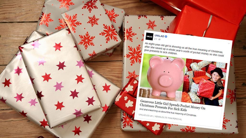 Pikkutyttö käytti vuoden taskurahansa sairaiden lasten lahjoihin.