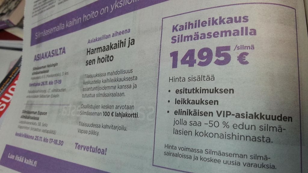 Kuluttajaliiton mukaan tämä esimerkkimainos ei täytä lain kirjainta. Silmäasema pitää mainosta reiluna lupauksena.