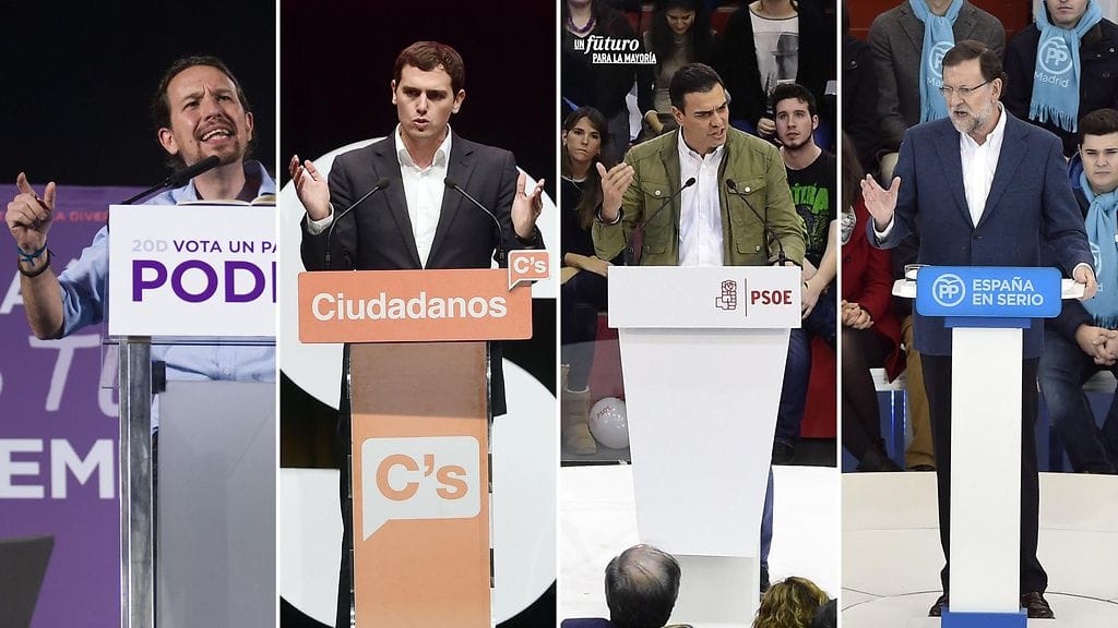 Vasemmistopuolue Podemosin johtaja Pablo Iglesias, keskustaoikeistolaisen puolueen Ciudadanosin johtaja Albert Rivera, Espanjan sosialistipuolueen (PSOE) johtaja Pedro Sanchez ja Espanjan pääministeri ja PP-puolueen puheenjohtaja Mariano Rajoy.