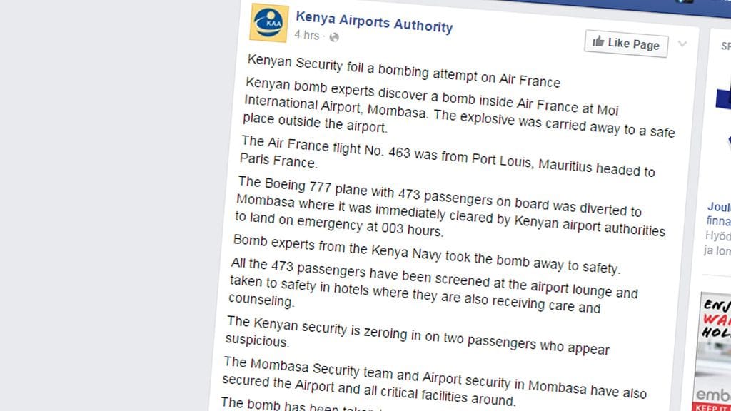 Kuvakaappaus Kenian lentokenttäviranomaisten Facebook-päivitystä, jota muokattiin iltapäivällä. Viranomaiset kertoivat aiemmin löytäneensä pommin, mutta täsmensivät myöhemmin, että kyse on epäilyttävästä esineestä.