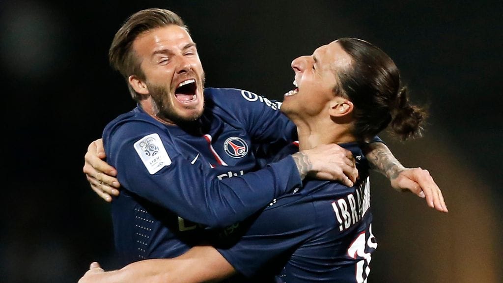 David Beckham ja Zlatan Ibrahimovic juhlivat Ranskan mestaruutta keväällä 2013.