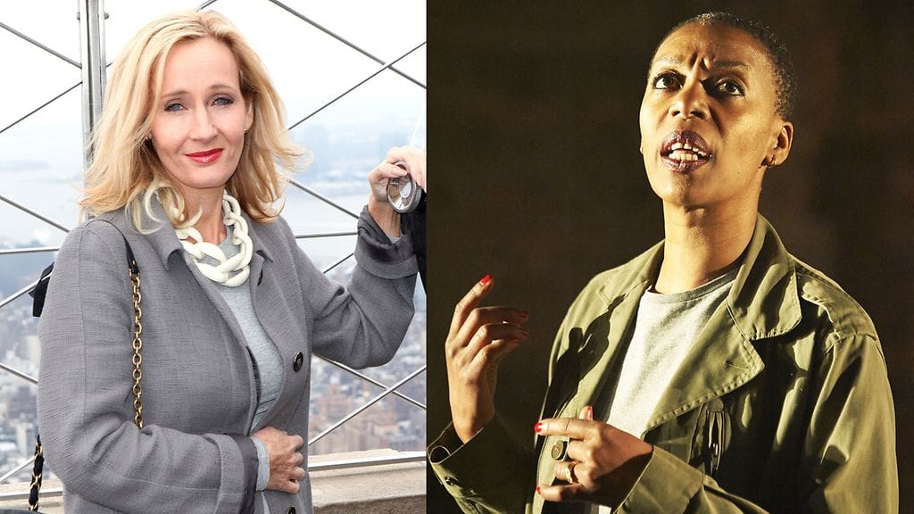J.K. Rowling (vas.) ja  Noma Dumezweni.