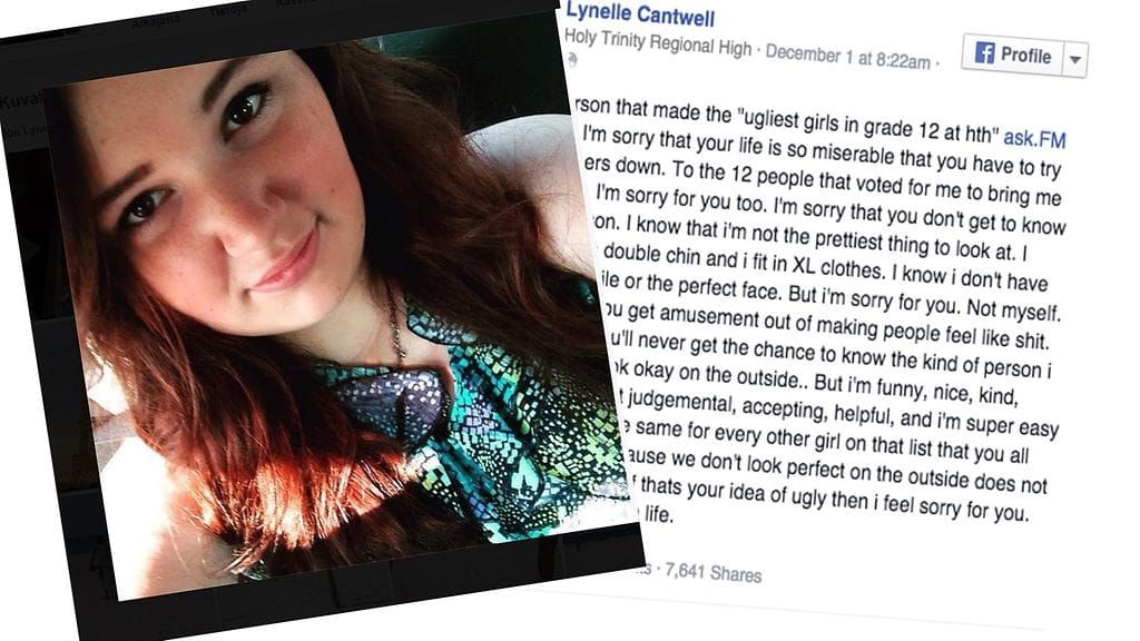 Kuvakaappaus Facebook. Tämän rohkean tytön ajatuksia herättävä postaus on saanut paljon myös kansainvälistä huomiota.