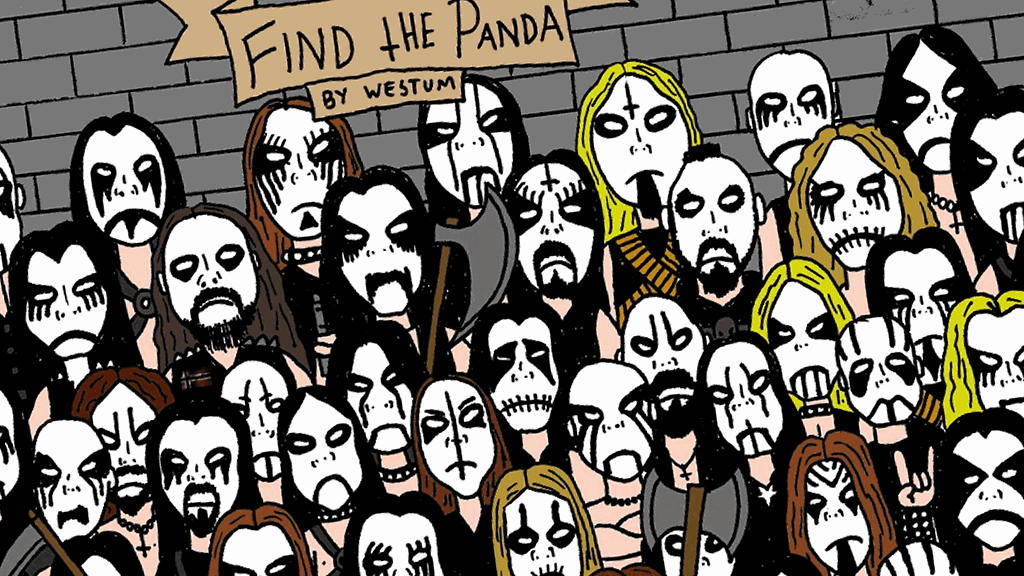 Metallimuusikoiden joukkoon on piilotettu panda. Katso koko kuva alta. Kuvakaappaus: Facebook/Espen Westum