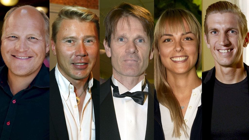 Kalle Palander (vas.), Mika Häkkinen, Marcus Grönholm, Kiira Korpi ja Jarkko Nieminen.