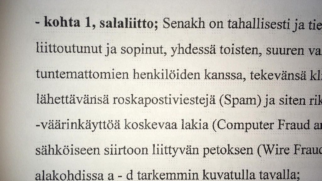 Ote Maksim Senakhin luovutuspyyntöasiakirjojen liitteestä, jossa luetellaan syytekirjelmän mukaiset syytteet.