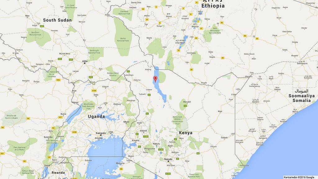 Löytö tehtiin Keniassa lähellä Turkanajärveä (merkitty punaisella). Kuva: Google Maps.