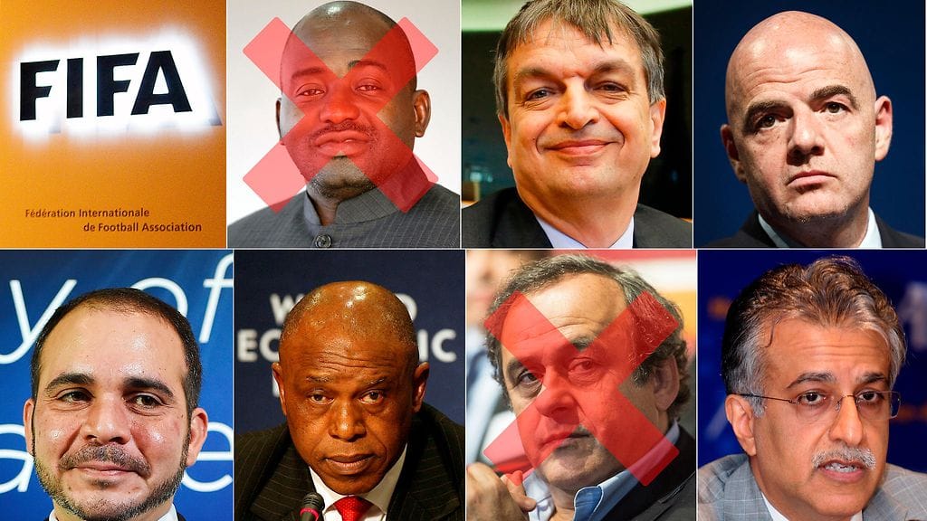 Ylärivissä: Bility, Champagne, Infantino.
Alarivissä: Al-Hussein, Sexwale, Platini ja Al-Khalifa.