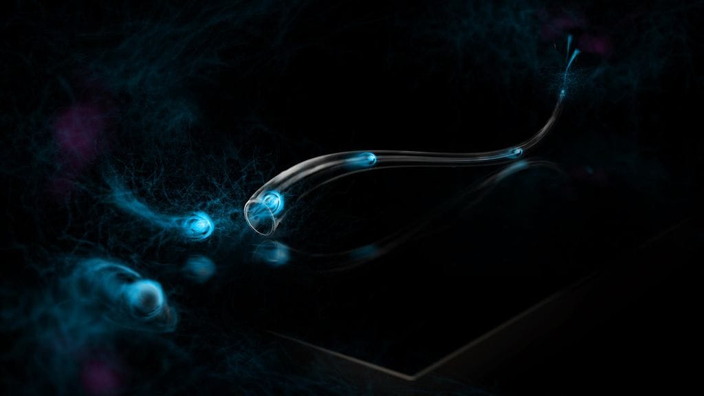 Taiteellinen näkemys mikroaaltofotoneilla tuotetusta lämmönsiirrosta, joka on kvanttirajoitteinen pitkillä välimatkoilla.