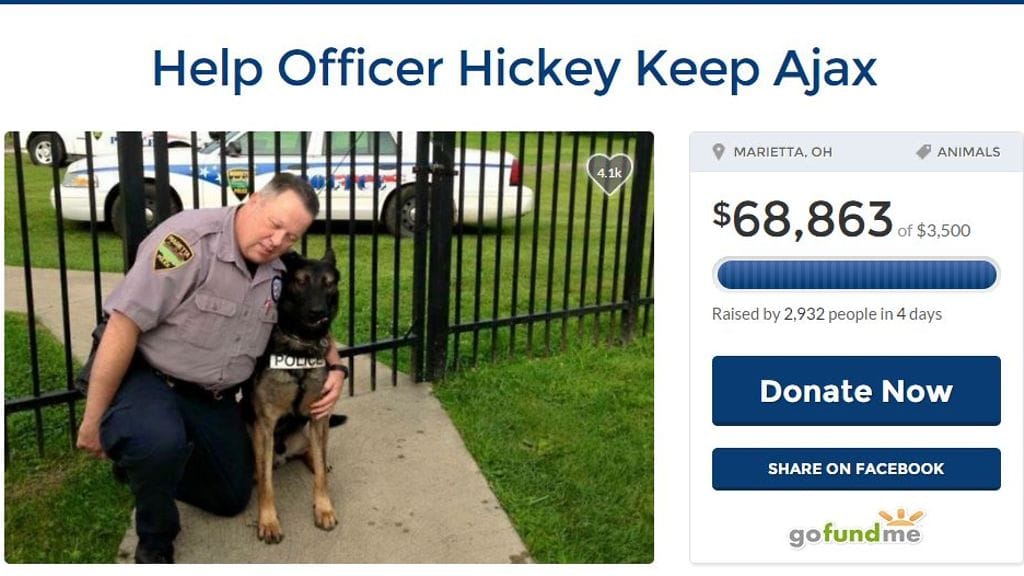 Matthew Hickey ja Ajax yhteiskuvassa rahankeräyssivustolla.