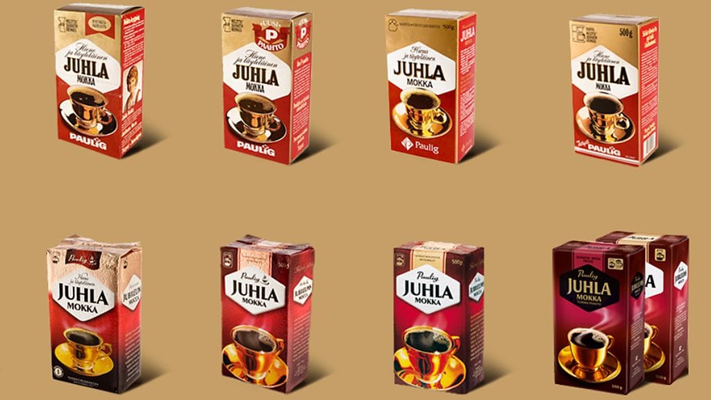 Juhla Mokan pakkaus on kulkenut vaiheikkaan matkan vuodesta 1929 tähän päivään.