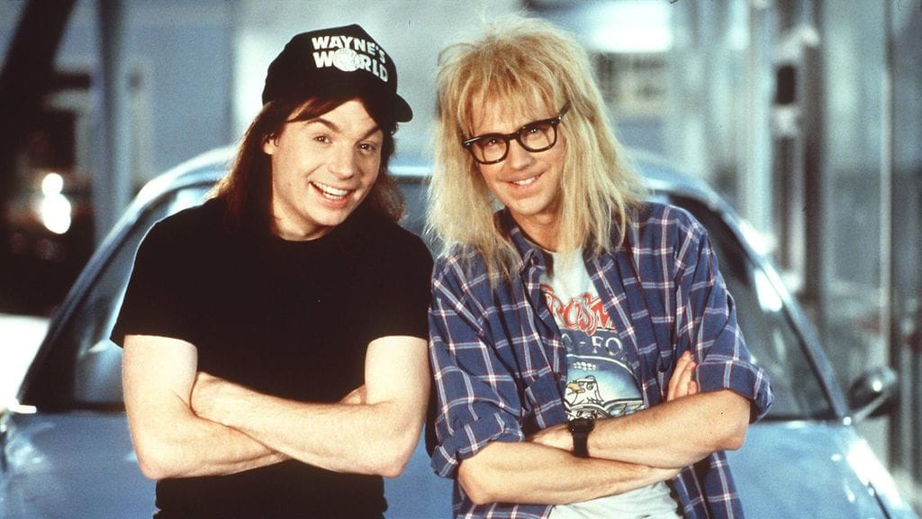 Wayne's World -elokuvan päähenkilöt Wayne ja Garth olivat kiinnostuneita musiikista ja kekkereistä.
Kuva vuoden 1991 elokuvasta.