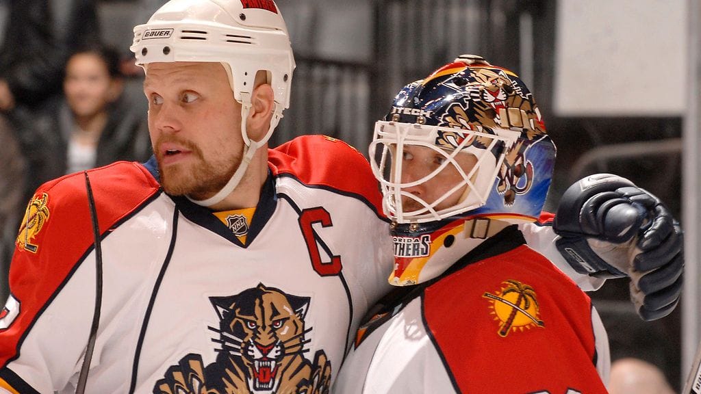 Olli Jokinen ja Tomas Vokoun Panthers-paidassa helmikuussa 2008.