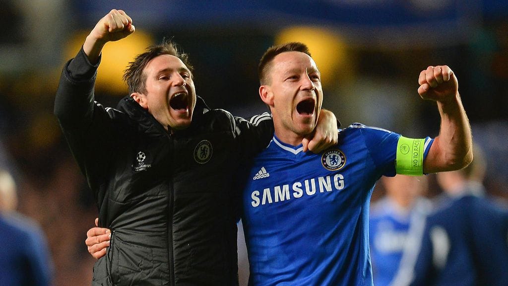 Frank Lampard ja John Terry juhlatunnelmissa huhtikuussa 2014.