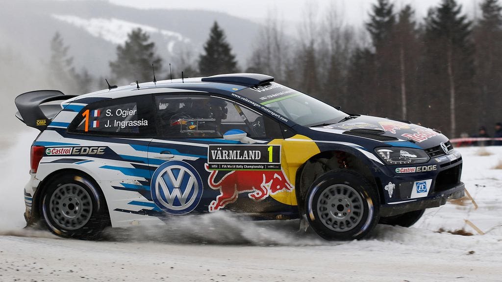 Sebastien Ogier Ruotsin ralliteillä perjantaina.