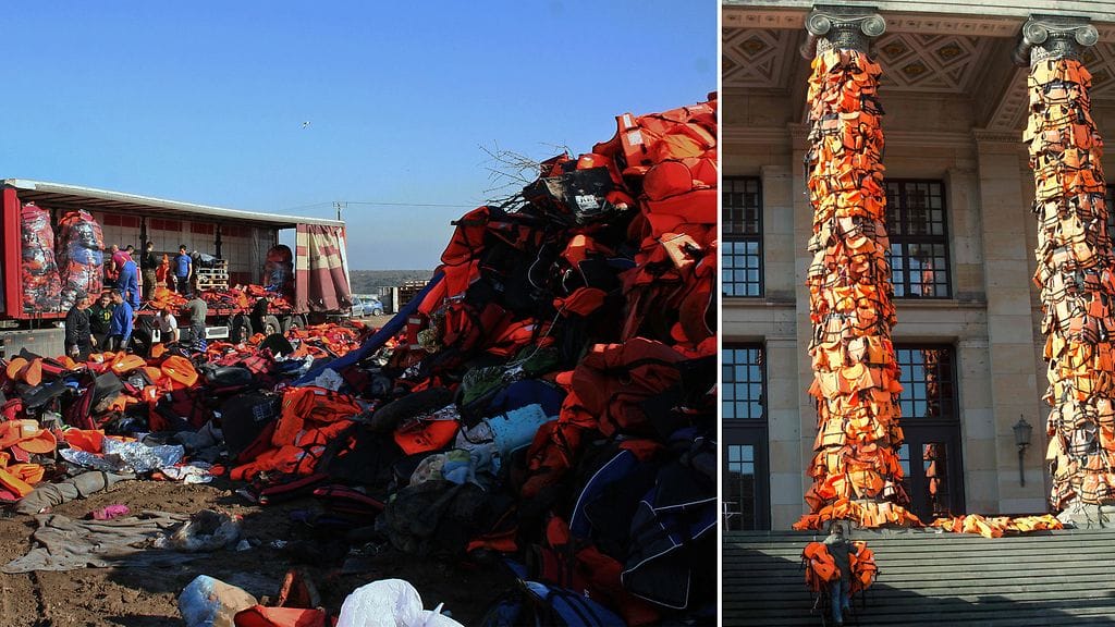 Kreikassa Mytilinin alueen työntekijät lastasivat rekkaan pelastusliivejä Lesboksen saarella 2. helmikuuta 2016. Noin 14 000 saarelle saapuneen pakolaisen pelastusliivit lähetettiin Berliiniin, jossa kiinalaistaiteilija Ai Weiwei käyttää niitä taideprojektissaan. Taiteilija päällystää liiveillä Berliinin konserttitalon muistuttaakseen ihmisiä, ettei pakolaiskriisi ole ohitse.