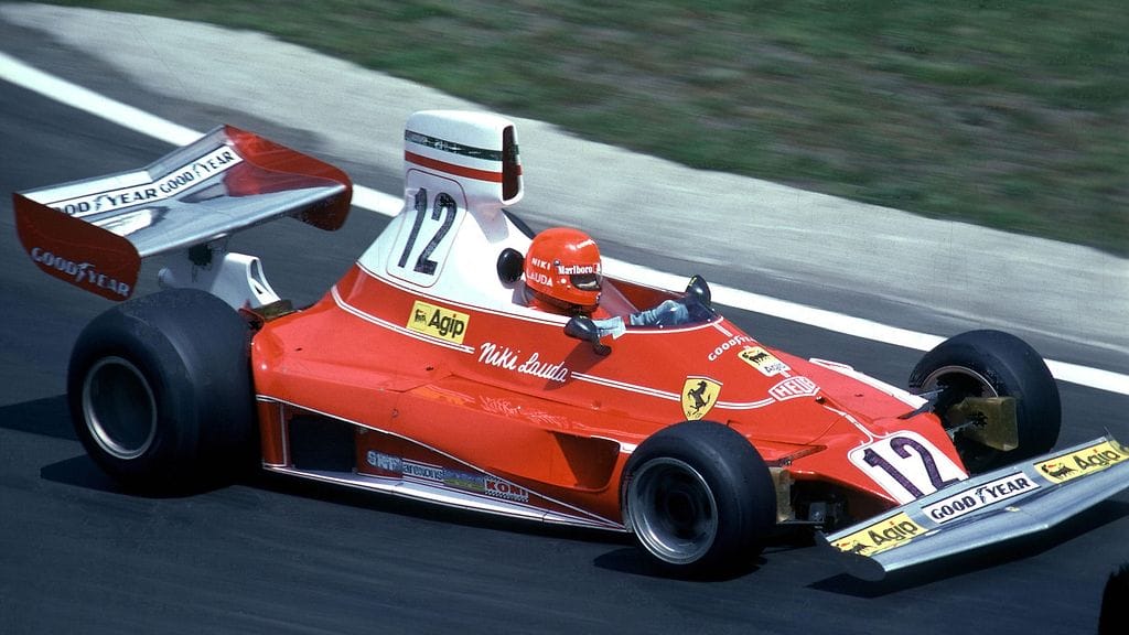 Niki Lauda Ferrarissaan Belgian GP:ssä toukokuussa 1975.